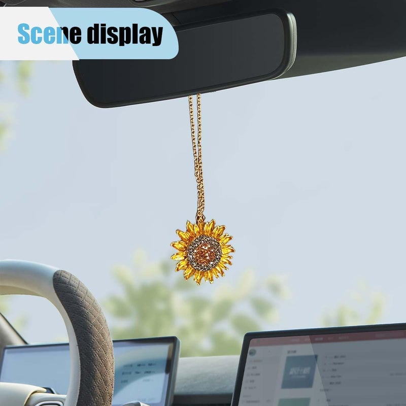 LHDOS Bling Sunflower Car Mirror Hanging Accessories, Crystal Diamond Car Interior Ornament Pendant for Women, Lucky Rear View Mirror Charm for Auto Decoration Present - Image 3